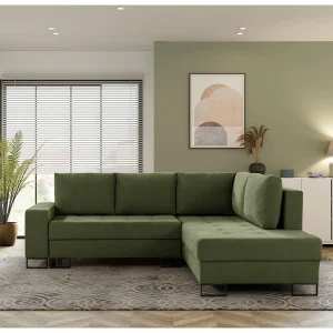 Hoekbank met Slaapfunctie Rechts Trevi – Chenille Groen Wind 34 – Metalen Poten
