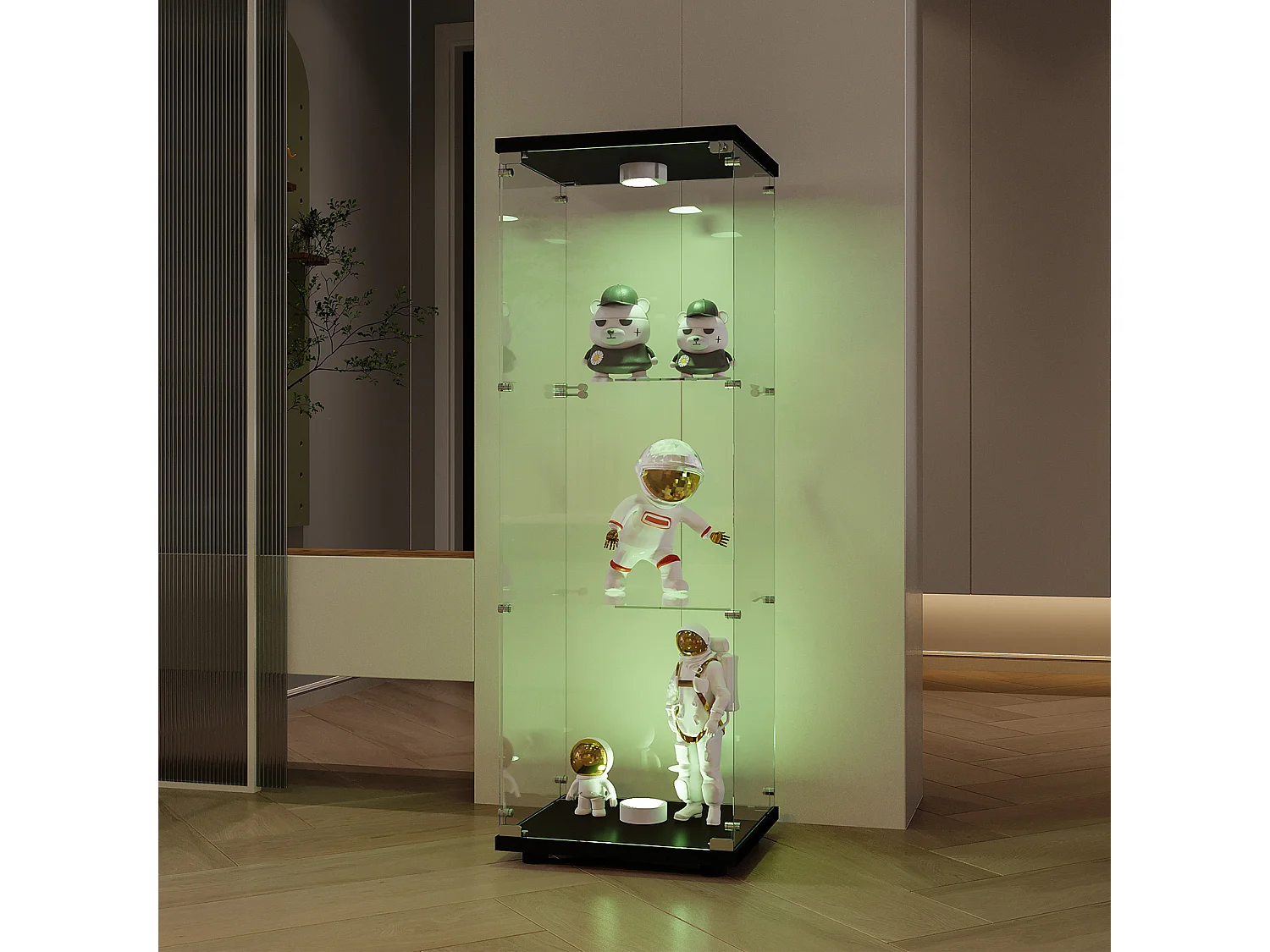 Glasvitrinekast met Verlichting, 3 Planken, Gehard Glas, 1 Deur, voor Poppenverzameling Boeken
