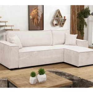 Hoekbank Hugo L, hoekbank in L-vorm met slaapfunctie en bedbak, kleur: beige, corduroy, universele ottomane