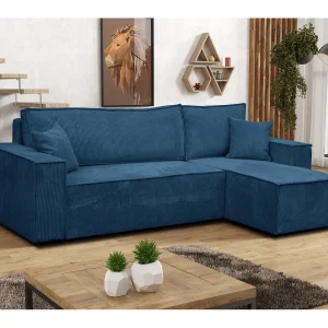 Hoekbank Hugo L, hoekbank in L-vorm met slaapfunctie en bedbak, kleur: blauw, corduroy, universele ottomane