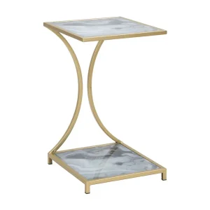 Gouden metalen salontafel met gekleurde glazen bladen, 40x35x60 cm Gouden metalen salontafel met gekleurde glazen bladen, 40x35x60 cm