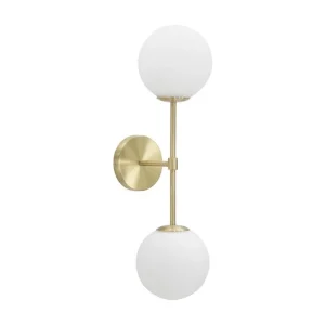 Gouden metalen wandlamp met 2 witte glazen bollen, 15x21x55 cm Gouden metalen wandlamp met 2 witte glazen bollen, 15x21x55 cm