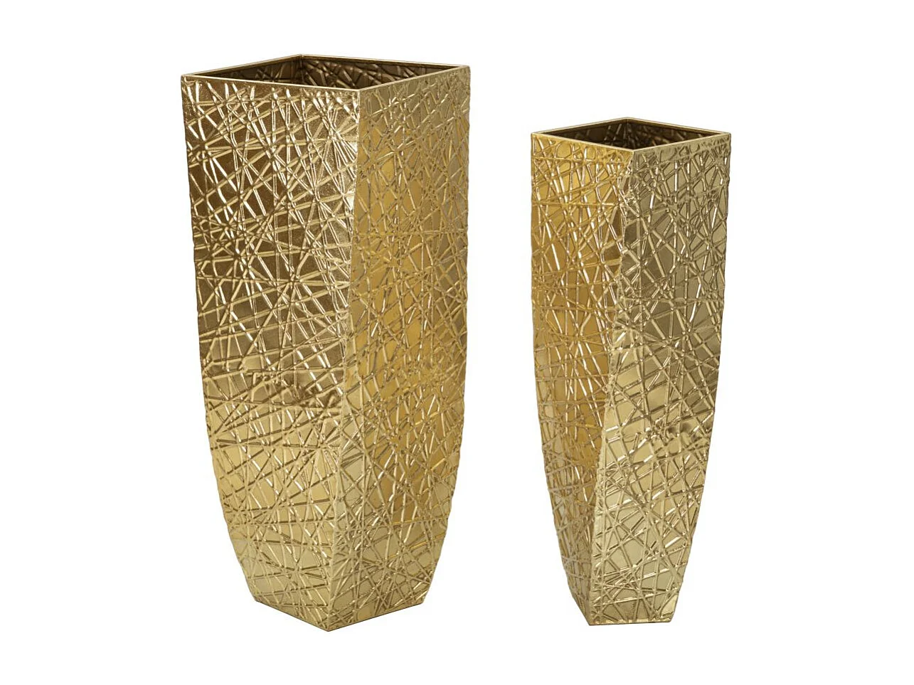 Gouden metalen bloempot 34x34x90-25x25x78 cm.