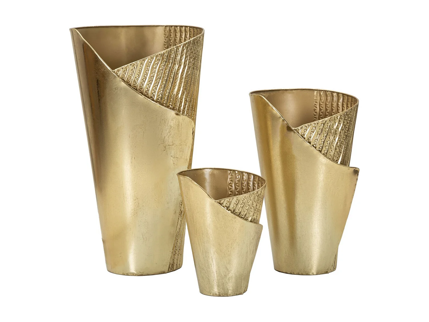 Gouden metalen bloempot 39X42X75-32X32X55-25X25X35 cm.