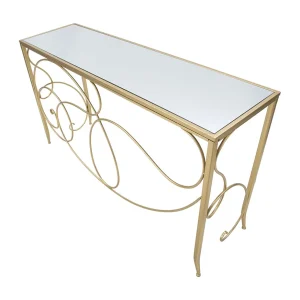 Gouden metalen consoletafel met spiegelglasblad, 140x40x80 cm Gouden metalen consoletafel met spiegelglasblad, 140x40x80 cm