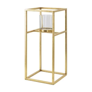 Gouden metalen kaarsenhouder met glazen beker 15x15x35 cm Gouden metalen kaarsenhouder met glazen beker 15x15x35 cm