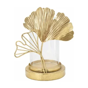 Gouden metalen kaarsenhouder met bladeren 17x12x21 cm Gouden metalen kaarsenhouder met bladeren 17x12x21 cm
