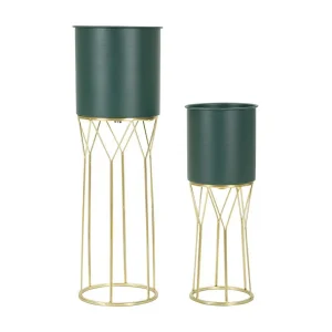 Goud en groene metalen plantenpotten, set van 2, Ø 23×70-19×50 cm Goud en groene metalen plantenpotten, set van 2, Ø 23×70-19×50 cm