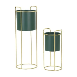 Goud en groene metalen plantenpotten, set van 2, Ø 24×70-19,5×45 cm Goud en groene metalen plantenpotten, set van 2, Ø 24×70-19,5×45 cm
