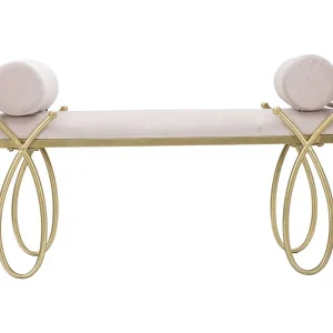 Gouden metalen bank met roze fluwelen zitting, 113x49x53 cm Gouden metalen bank met roze fluwelen zitting, 113x49x53 cm