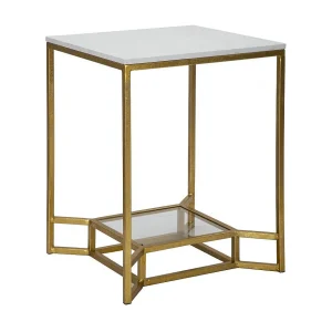 Gouden metalen salontafel met wit blad en plank 47x47x60 cm Gouden metalen salontafel met wit blad en plank 47x47x60 cm