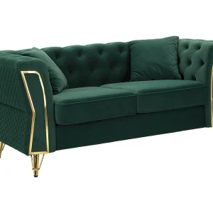 Groene metalen en fluwelen bank met kussens, 162x83x77 cm Groene metalen en fluwelen bank met kussens, 162x83x77 cm