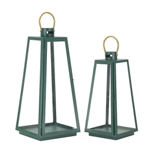 Groene metalen lantaarns set van 2 stuks cm Ø 25x25x57-20x20x45 Groene metalen lantaarns set van 2 stuks cm Ø 25x25x57-20x20x45