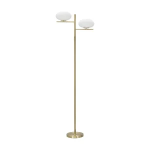 Gouden metalen staande lamp met 2 witte glazen ovalen, 51x24x180 cm