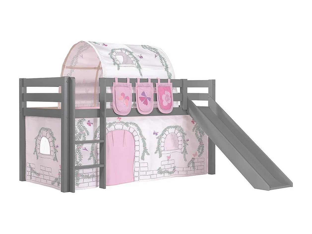 Glijbed 90x200 cm met tunneltent en 3 vakken tegen massief grenengrijs Pino