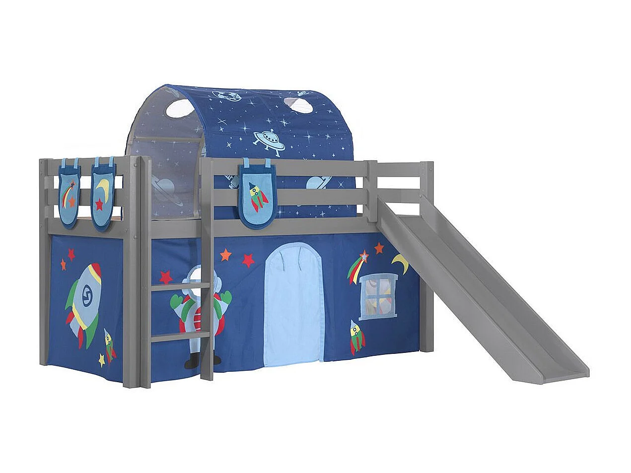 Glijbed 90x200 cm met tunneltent en 3 vakken astra massief grenengrijs Pino