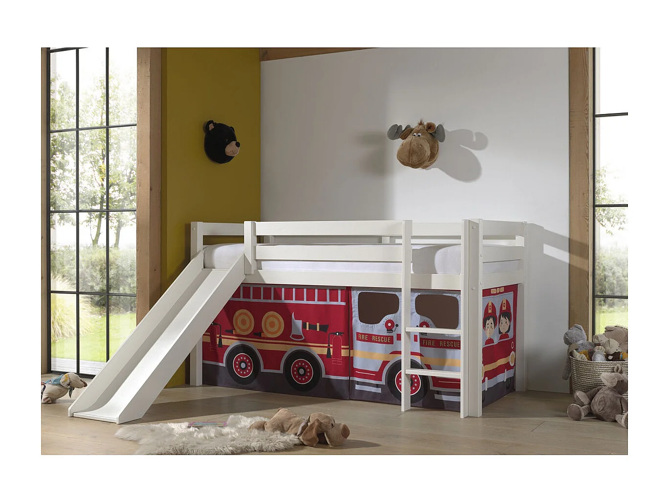 Glijbed 90x200 cm met witte massief grenen brandweerwagentent Pino