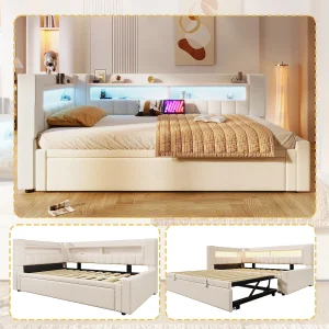 Gestoffeerde slaapbank met uitschuifbaar bed – 90/180 x 200 cm – met USB + Type-C + LED's + opbergruimte – linnen – beige Gestoffeerde slaapbank met uitschuifbaar bed – 90/180 x 200 cm – met USB + Type-C + LED's + opbergruimte – linnen – beige