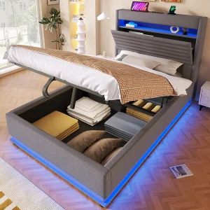 Gestoffeerd opbergbed – 90 x 200 cm – met USB + LED's + hydraulische vering + neerklapbaar opberghoofdbord – linnen – grijs Gestoffeerd opbergbed – 90 x 200 cm – met USB + LED's + hydraulische vering + neerklapbaar opberghoofdbord – linnen – grijs