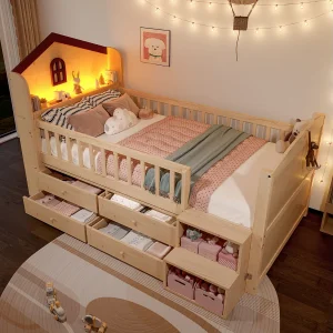 Halfhoog kinderbed – 90 x 200 cm – huisvorm – met raam + 4 lades + ledverlichting – hout – naturel Halfhoog kinderbed – 90 x 200 cm – huisvorm – met raam + 4 lades + ledverlichting – hout – naturel