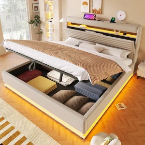 Gestoffeerd opbergbed – 180 x 200 cm – met USB + LED's + hydraulische vering + neerklapbaar opberghoofdbord – linnen – beige Gestoffeerd opbergbed – 180 x 200 cm – met USB + LED's + hydraulische vering + neerklapbaar opberghoofdbord – linnen – beige