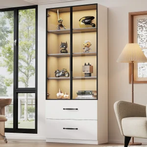 Glazen vitrinekast – 60 x 40 x 160 cm – met LED-verlichting + 3 lades + deuren van gehard glas – spaanplaat – wit Glazen vitrinekast – 60 x 40 x 160 cm – met LED-verlichting + 3 lades + deuren van gehard glas – spaanplaat – wit