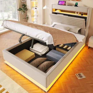 Gestoffeerd opbergbed – 90 x 200 cm – met USB + LED's + hydraulische vering + neerklapbaar opberghoofdbord – linnen – beige Gestoffeerd opbergbed – 90 x 200 cm – met USB + LED's + hydraulische vering + neerklapbaar opberghoofdbord – linnen – beige
