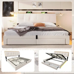 Gestoffeerd opbergbed – 180 x 200 cm – hydraulische vering – met USB-poort, ledverlichting, 2 lades en hoofdbord – linnen – beige Gestoffeerd opbergbed – 180 x 200 cm – hydraulische vering – met USB-poort, ledverlichting, 2 lades en hoofdbord – linnen – beige