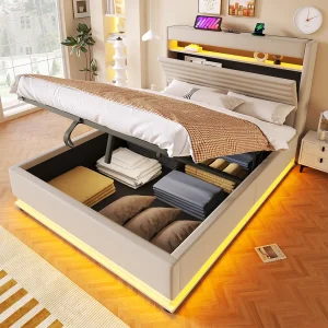 Gestoffeerd opbergbed – 140 x 200 cm – met USB + LED's + hydraulische vering + neerklapbaar opberghoofdbord – linnen – beige Gestoffeerd opbergbed – 140 x 200 cm – met USB + LED's + hydraulische vering + neerklapbaar opberghoofdbord – linnen – beige