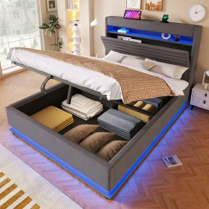 Gestoffeerd opbergbed – 140 x 200 cm – met USB + LED's + hydraulische vering + neerklapbaar opberghoofdbord – linnen – grijs Gestoffeerd opbergbed – 140 x 200 cm – met USB + LED's + hydraulische vering + neerklapbaar opberghoofdbord – linnen – grijs
