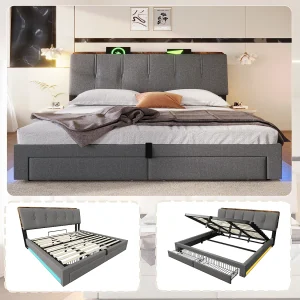 Gestoffeerd opbergbed – 180 x 200 cm – hydraulische vering – met USB-poort, ledverlichting, 2 lades en hoofdbord – linnen – grijs Gestoffeerd opbergbed – 180 x 200 cm – hydraulische vering – met USB-poort, ledverlichting, 2 lades en hoofdbord – linnen – grijs