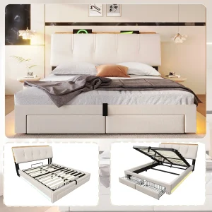 Gestoffeerd opbergbed – 140 x 200 cm – hydraulische vering – met USB-poort, ledverlichting, 2 lades en hoofdbord – linnen – beige Gestoffeerd opbergbed – 140 x 200 cm – hydraulische vering – met USB-poort, ledverlichting, 2 lades en hoofdbord – linnen – beige