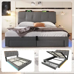 Gestoffeerd opbergbed – 140 x 200 cm – hydraulische vering – met USB-poort, ledverlichting, 2 lades en hoofdbord – linnen – grijs Gestoffeerd opbergbed – 140 x 200 cm – hydraulische vering – met USB-poort, ledverlichting, 2 lades en hoofdbord – linnen – grijs