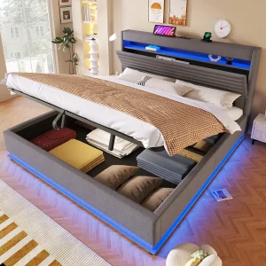 Gestoffeerd opbergbed – 180 x 200 cm – met USB + LED's + hydraulische vering + neerklapbaar opberghoofdbord – linnen – grijs Gestoffeerd opbergbed – 180 x 200 cm – met USB + LED's + hydraulische vering + neerklapbaar opberghoofdbord – linnen – grijs