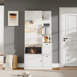 Halmeubel/entreekast – 85 x 40 x 180 cm – met spiegel + schoenenrek + 2 deuren + 5 planken – spaanplaat – wit Halmeubel/entreekast – 85 x 40 x 180 cm – met spiegel + schoenenrek + 2 deuren + 5 planken – spaanplaat – wit