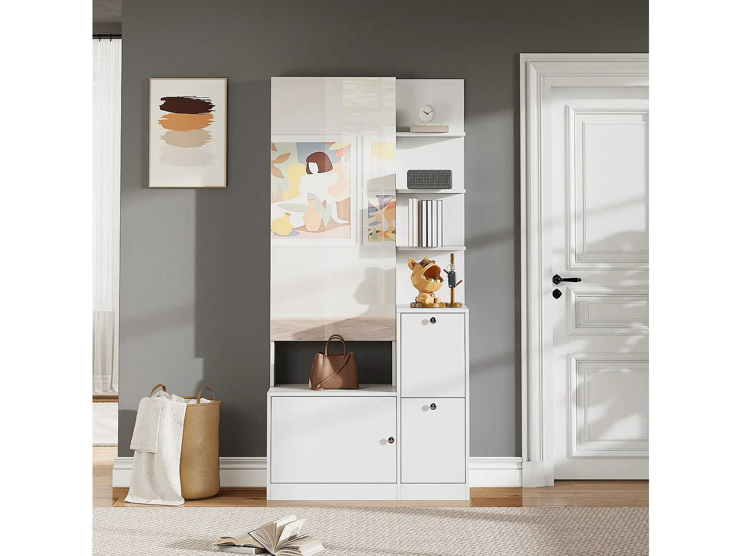 Halmeubel/entreekast - 85 x 40 x 180 cm - met spiegel + schoenenrek + 2 deuren + 5 planken - spaanplaat - wit