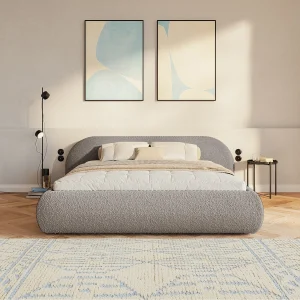 Gestoffeerd bed 140×200 – bouclé – Grijsbeige – SHELS LOW Gestoffeerd bed 140×200 – bouclé – Grijsbeige – SHELS LOW