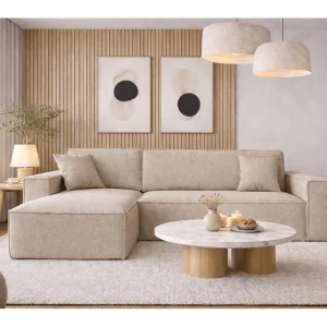 Hoekbank, L-vorm met slaapfunctie en bedkast, stof Neve, beige, links Hoekbank, L-vorm met slaapfunctie en bedkast, stof Neve, beige, links