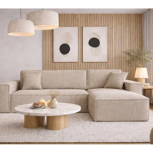 Hoekbank, L-vorm met slaapfunctie en bedkast, stof Neve, beige, rechts Hoekbank, L-vorm met slaapfunctie en bedkast, stof Neve, beige, rechts