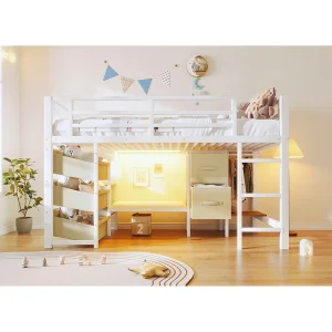 Halfhoog bed 90 x 200 cm met zitkussen, stoffen lade en ledverlichting – Metalen frame – Wit Halfhoog bed 90 x 200 cm met zitkussen, stoffen lade en ledverlichting – Metalen frame – Wit