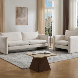 Driezitsbank en fauteuil in beige chenille stof GORAZI Driezitsbank en fauteuil in beige chenille stof GORAZI