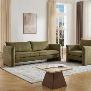 Driezitsbank en fauteuil in groene chenille stof GORAZI Driezitsbank en fauteuil in groene chenille stof GORAZI