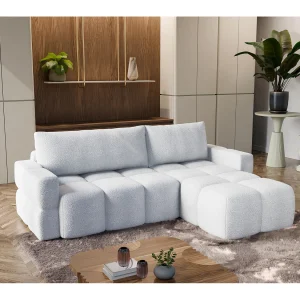 Hoekbank omkeerbare met slaapfunctie, bekleed met witte bouclé stof FUMO van de fabrikant. Hoekbank omkeerbare met slaapfunctie, bekleed met witte bouclé stof FUMO van de fabrikant.