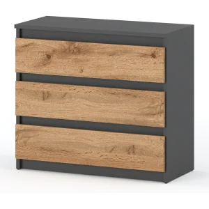 Grijs + Eiken Wotan ladekast met 3 laden 80 cm, TV-meubel voor woon- of slaapkamer Grijs + Eiken Wotan ladekast met 3 laden 80 cm, TV-meubel voor woon- of slaapkamer