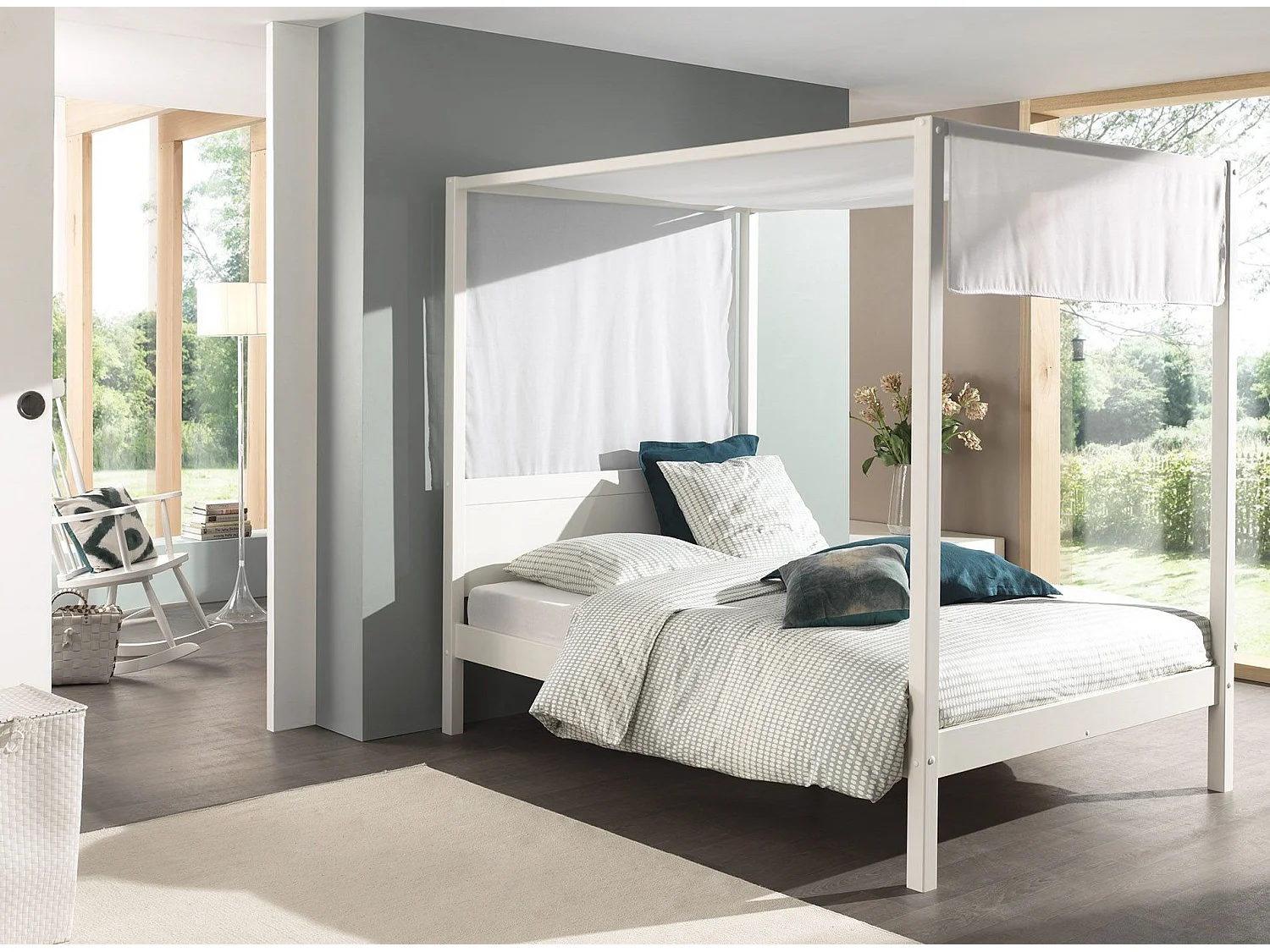 Hemelbed 140x200 cm met wit gelakte massief grenen hemel Pinie
