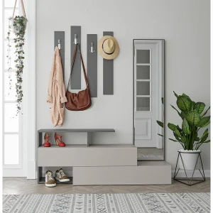 Hal dressoir met spiegel en kapstok – 137 x 54,5 x 35 cm – licht mokka en antraciet – 100% melamine gecoat MDF Hal dressoir met spiegel en kapstok – 137 x 54,5 x 35 cm – licht mokka en antraciet – 100% melamine gecoat MDF