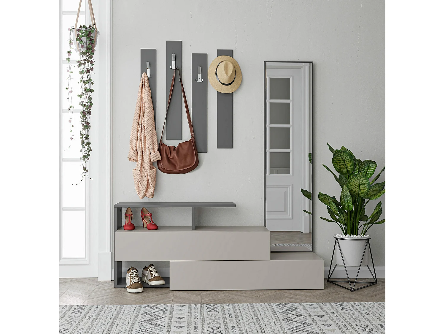 Hal dressoir met spiegel en kapstok – 137 x 54,5 x 35 cm – licht mokka en antraciet – 100% melamine gecoat MDF