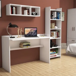 "Hera" Houten Studiebureau met Boekenplank en Wandplank – Wit – 118 x 58 x 80 cm "Hera" Houten Studiebureau met Boekenplank en Wandplank – Wit – 118 x 58 x 80 cm
