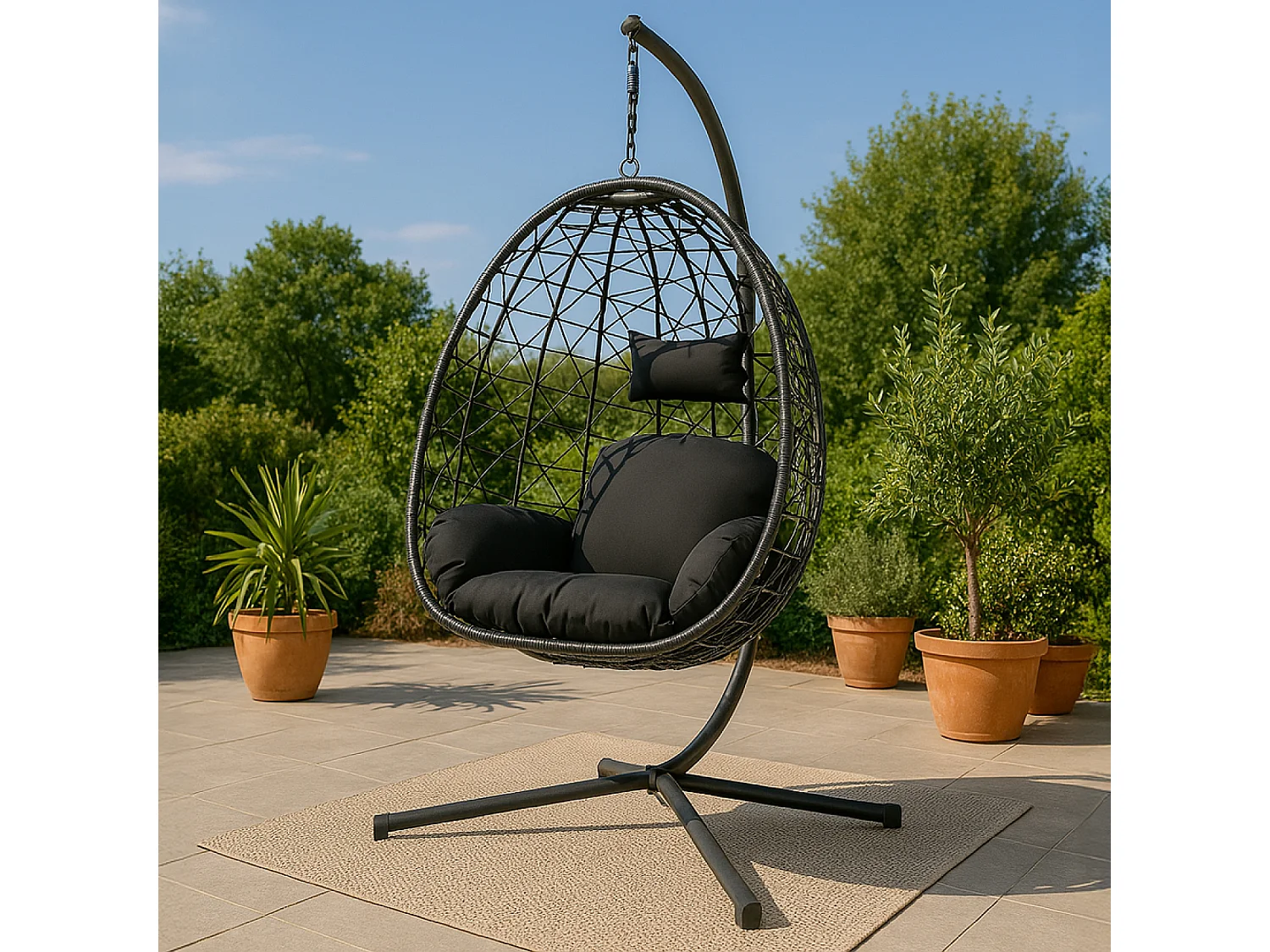 Hangstoel zwart met rotan effect CUZCO met stalen frame