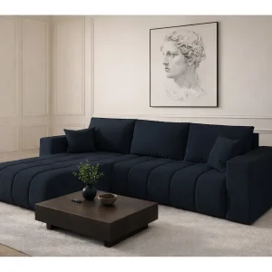 Hoekbank met slaapfunctie en opbergvak MILO PREMIUM, stof WIND, donkerblauw, links Hoekbank met slaapfunctie en opbergvak MILO PREMIUM, stof WIND, donkerblauw, links